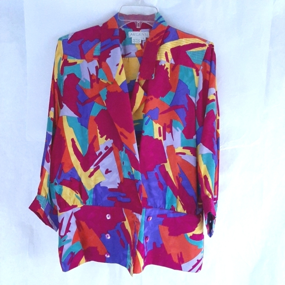 Pat Argenti multicolor silk vintage double breasted button blazer size 10 EUC